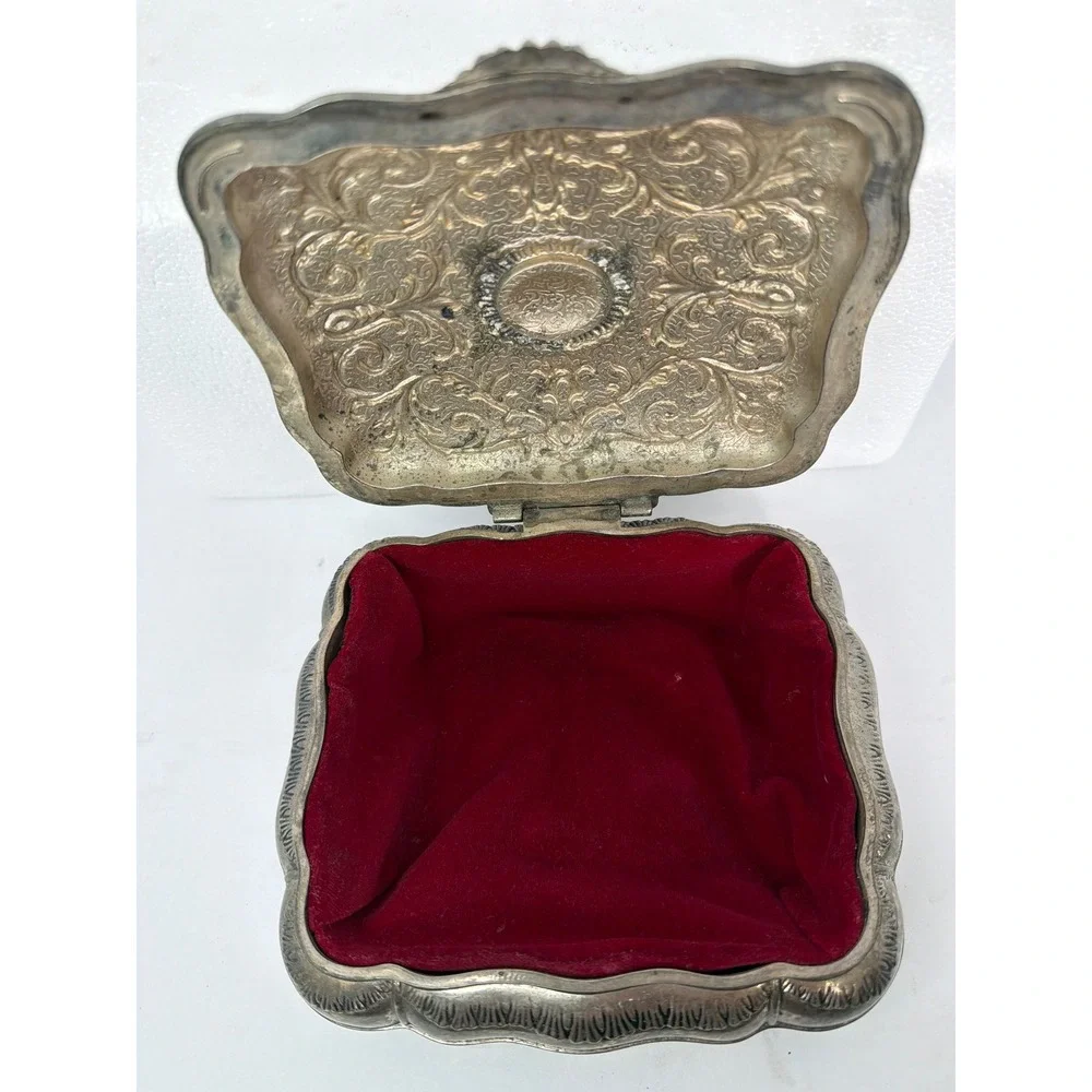 Vintage Ornate Silver Tone Repousse Jewelry Box Red Velvet Lining Floral Scroll